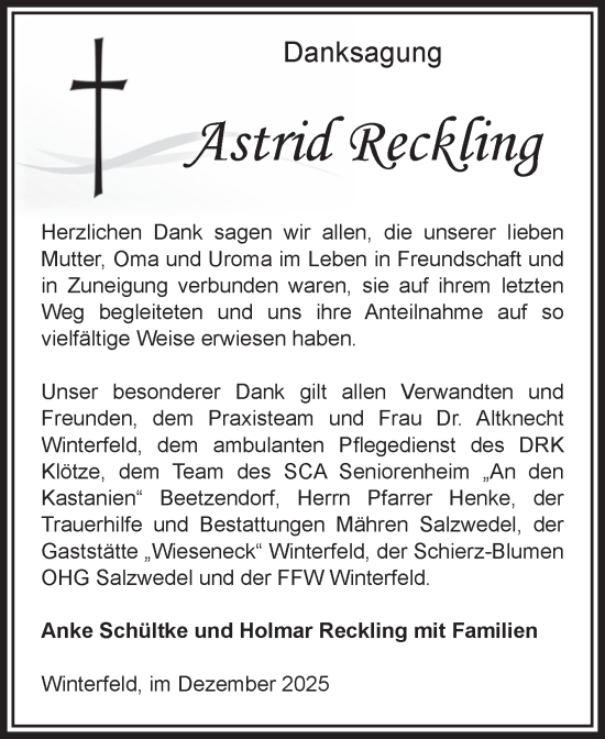Traueranzeige von Astrid Reckling von Volksstimme Altmark West