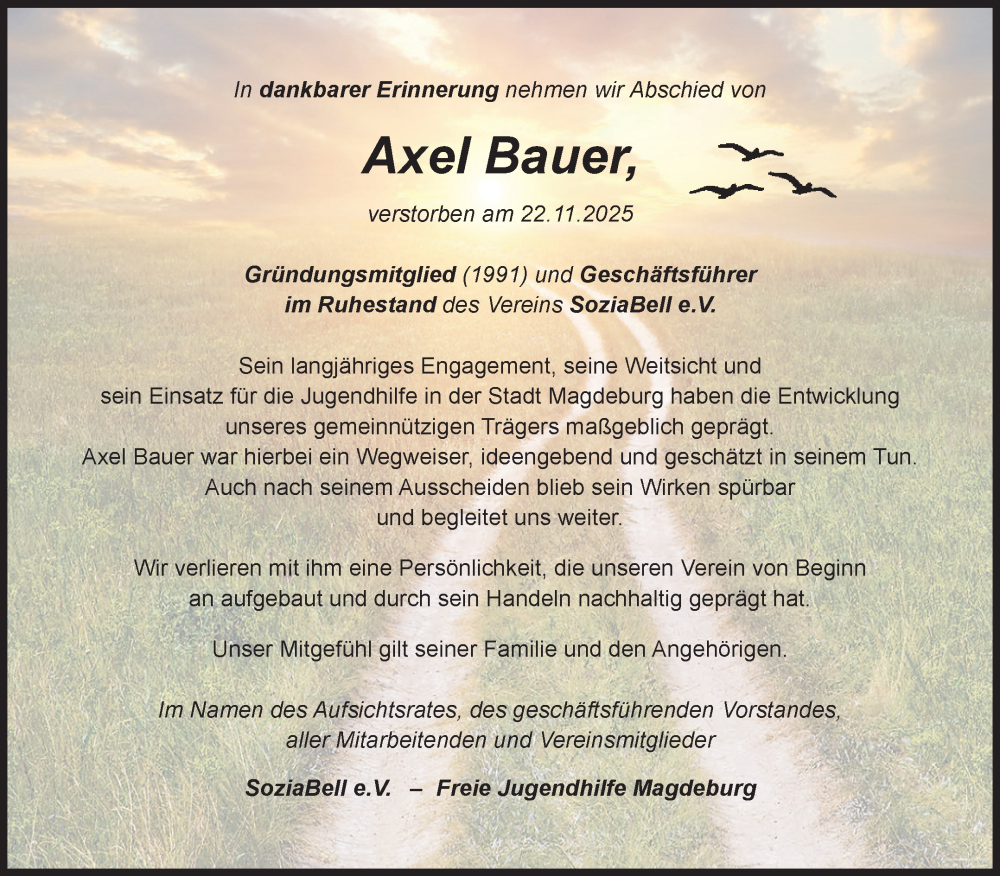  Traueranzeige für Axel Bauer vom 27.12.2025 aus Volksstimme Magdeburg
