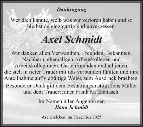 Traueranzeige von Axel Schmidt von Trauerkombi Aschersleben