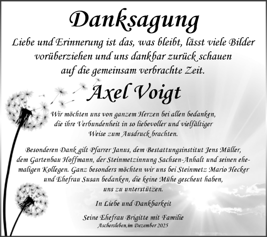 Traueranzeige von Axel Voigt von Trauerkombi Aschersleben