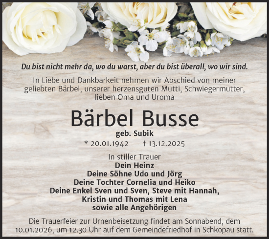 Traueranzeige von Bärbel Busse von Trauerkombi Merseburg