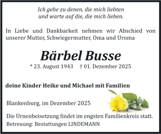 Traueranzeige von Bärbel Busse von Volksstimme Wernigerode