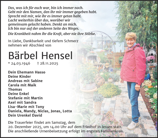Traueranzeige von Bärbel Hensel von Trauerkombi Wittenberg
