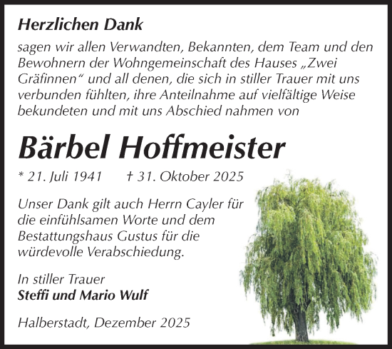 Traueranzeige von Bärbel Hoffmeister von Volksstimme Halberstadt