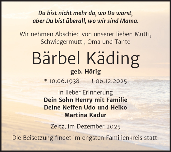 Traueranzeige von Bärbel Käding von Mitteldeutsche Zeitung Zeitz