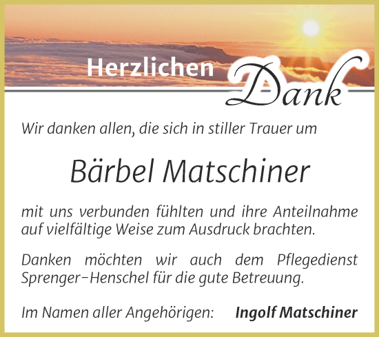 Traueranzeige von Bärbel Matschiner von Trauerkombi Quedlinburg