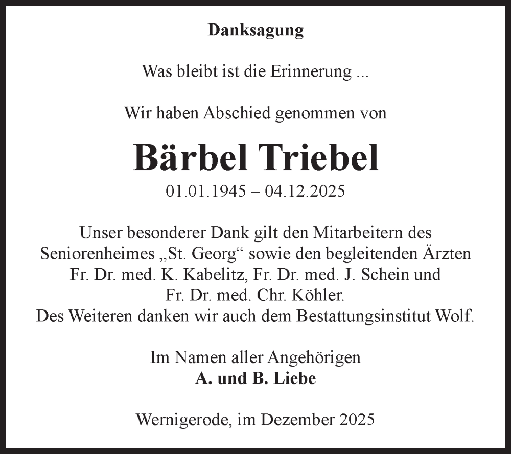  Traueranzeige für Bärbel Triebel vom 20.12.2025 aus Volksstimme Wernigerode