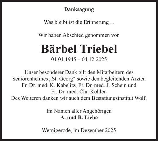 Traueranzeige von Bärbel Triebel von Volksstimme Wernigerode