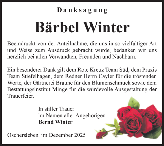 Traueranzeige von Bärbel Winter von Volksstimme Oschersleben/Wanzleben