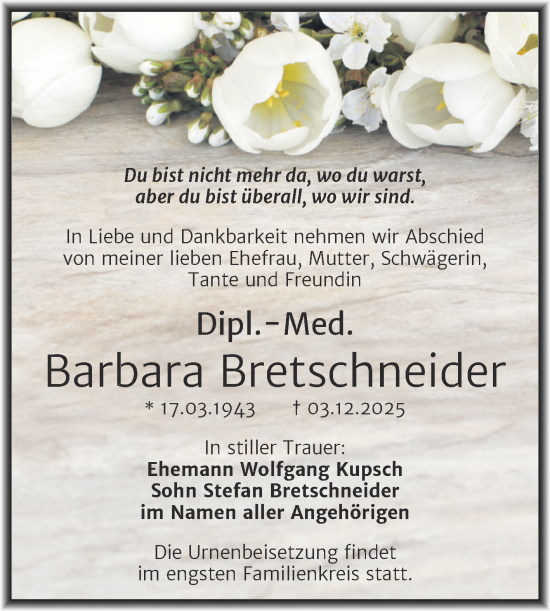 Traueranzeige von Barbara Bretschneider von Mitteldeutsche Zeitung Halle/Saalkreis