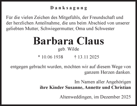 Traueranzeige von Barbara Claus von Volksstimme Oschersleben/Wanzleben