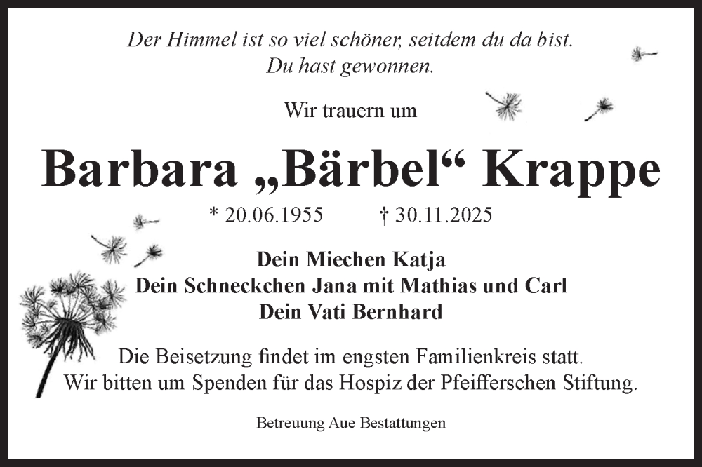  Traueranzeige für Barbara Krappe vom 06.12.2025 aus Volksstimme Magdeburg