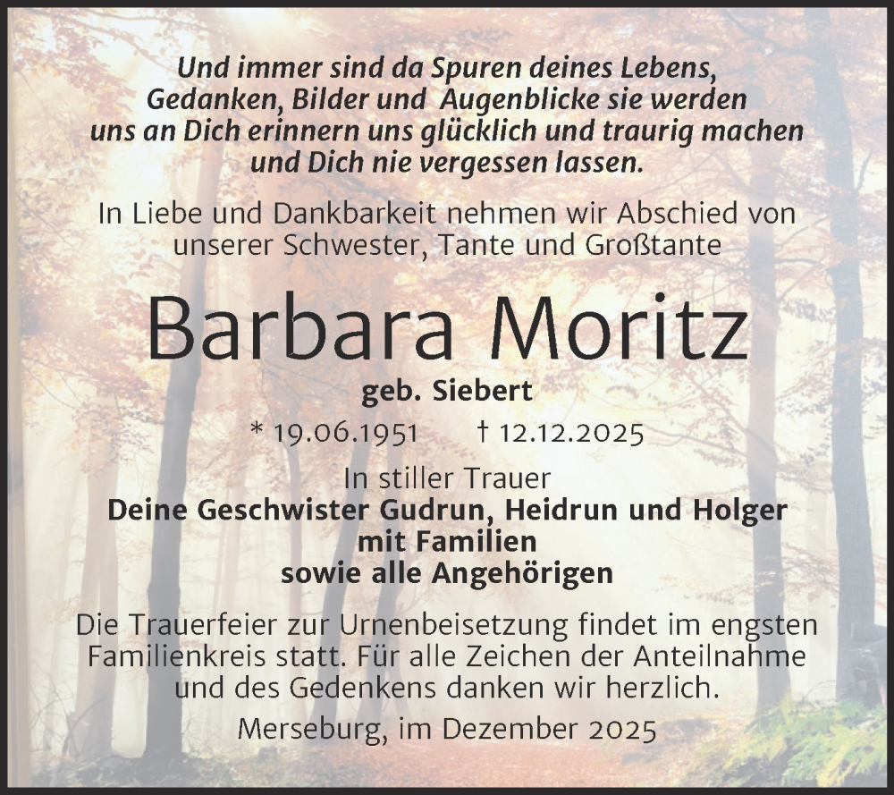  Traueranzeige für Barbara Moritz vom 20.12.2025 aus Trauerkombi Merseburg