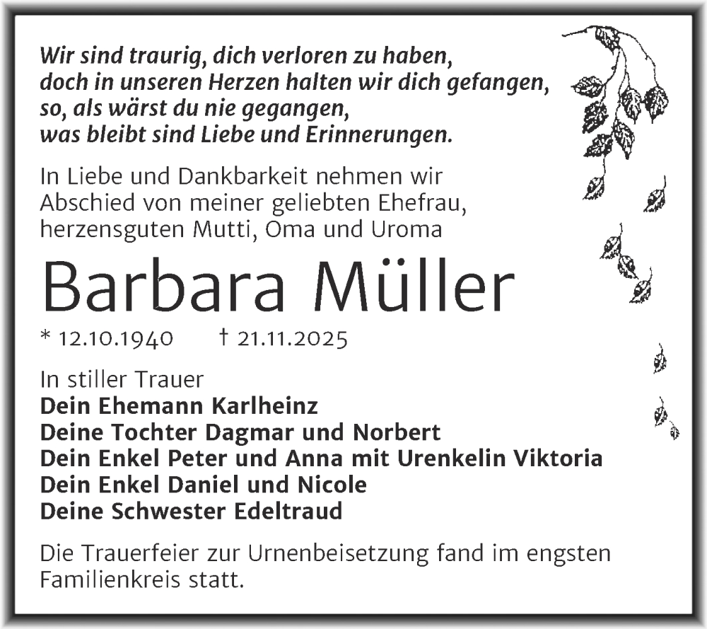  Traueranzeige für Barbara Müller vom 27.12.2025 aus Trauerkombi Merseburg
