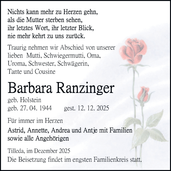 Traueranzeige von Barbara Ranzinger von Trauerkombi Sangerhausen