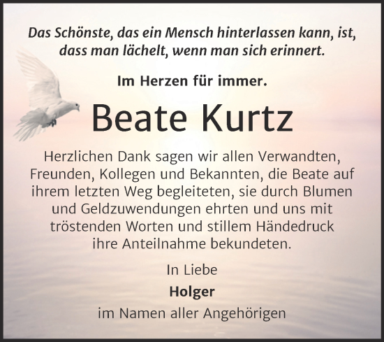 Traueranzeige von Beate Kurtz von Trauerkombi Zeitz