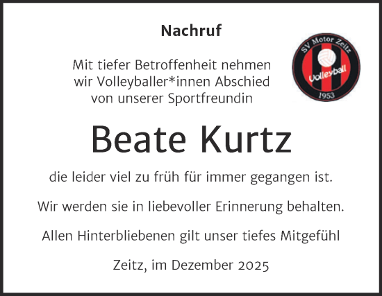Traueranzeige von Beate Kurtz von Trauerkombi Zeitz