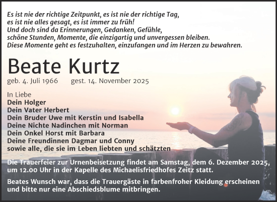 Traueranzeige von Beate Kurtz von Trauerkombi Zeitz