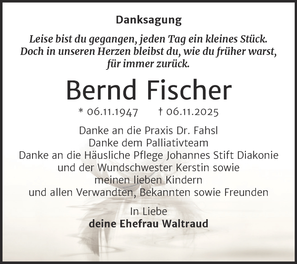  Traueranzeige für Bernd Fischer vom 06.12.2025 aus Trauerkombi Wittenberg