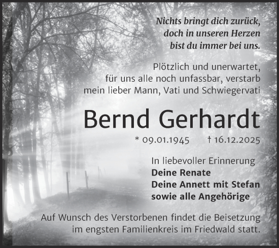 Traueranzeige von Bernd Gerhardt von Trauerkombi Sangerhausen