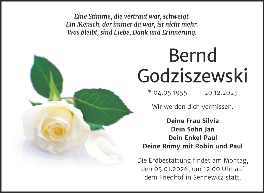  Traueranzeige für Bernd Godziszewski vom 27.12.2025 aus Mitteldeutsche Zeitung Halle/Saalkreis