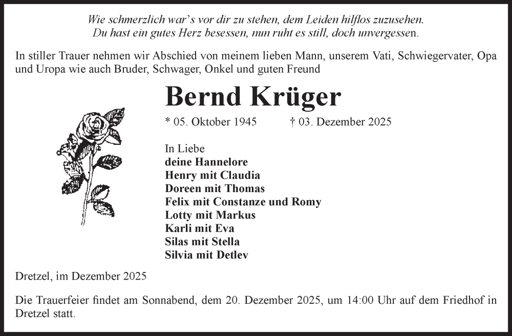  Traueranzeige für Bernd Krüger vom 06.12.2025 aus Volksstimme Burg/Genthin