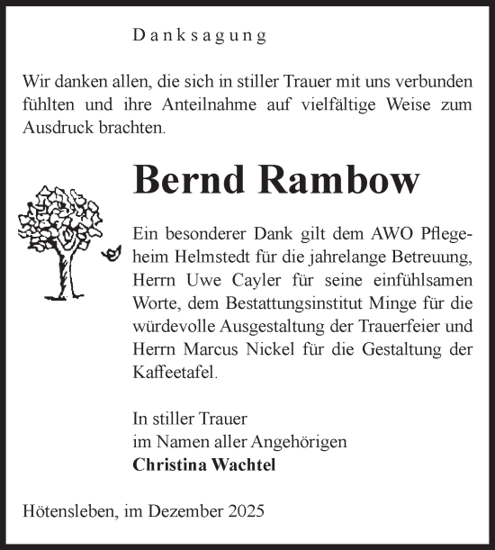 Traueranzeige von Bernd Rambow von Volksstimme Oschersleben/Wanzleben