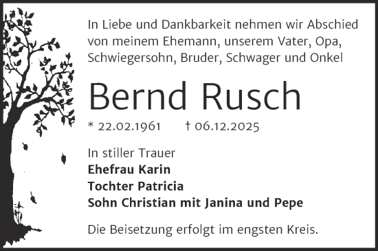 Traueranzeige von Bernd Rusch von Trauerkombi Bernburg
