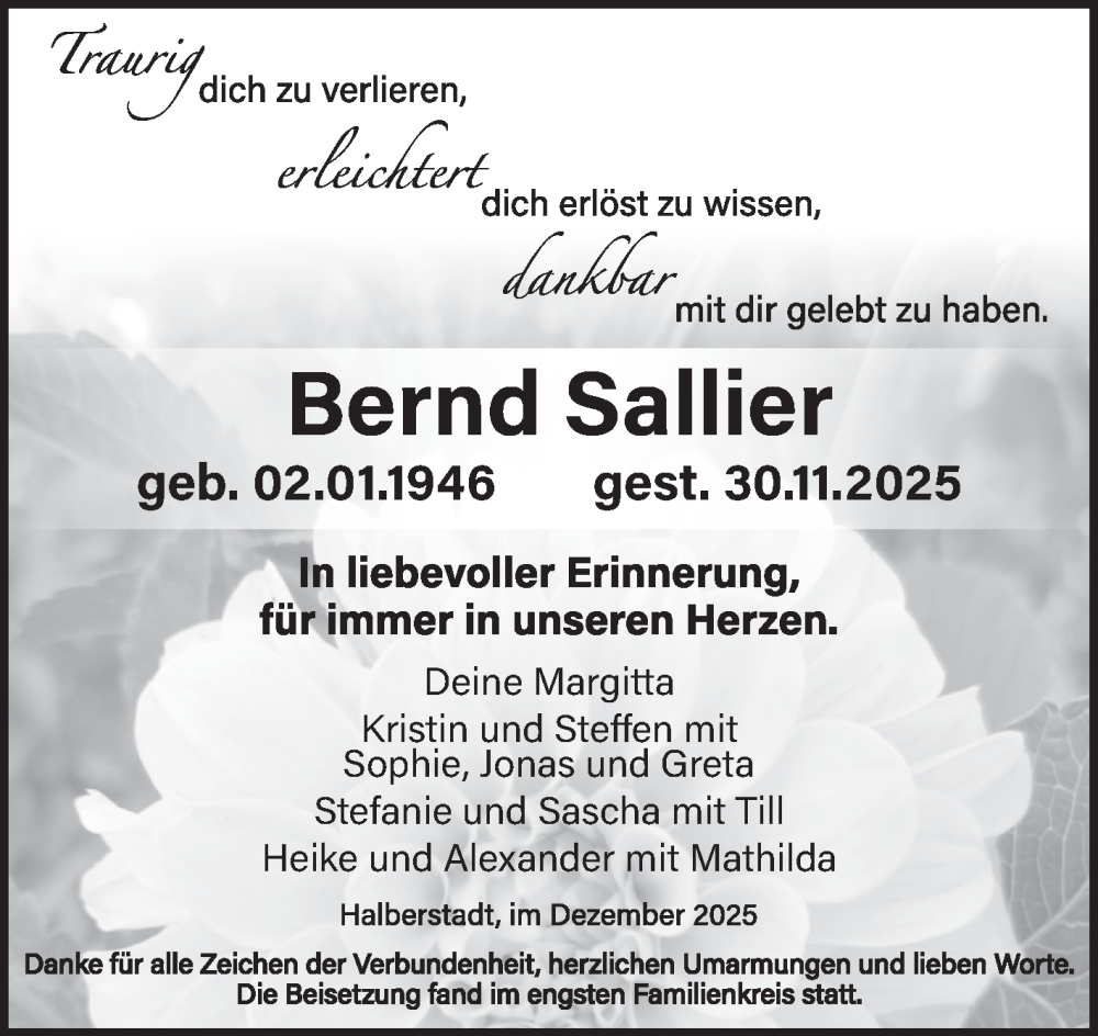  Traueranzeige für Bernd Sallier vom 20.12.2025 aus Volksstimme Halberstadt