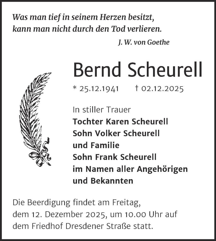  Traueranzeige für Bernd Scheurell vom 06.12.2025 aus Trauerkombi Wittenberg