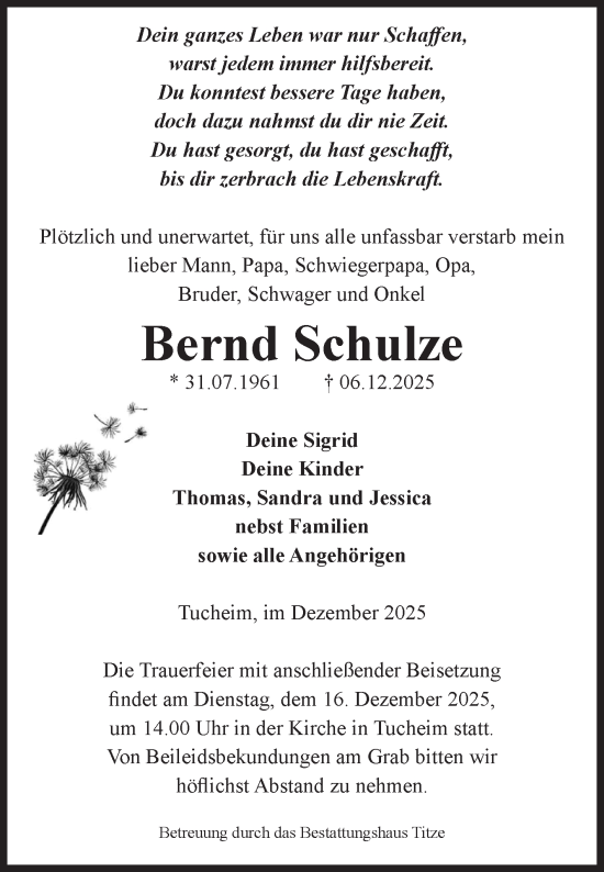 Traueranzeige von Bernd Schulze von Volksstimme Burg/Genthin