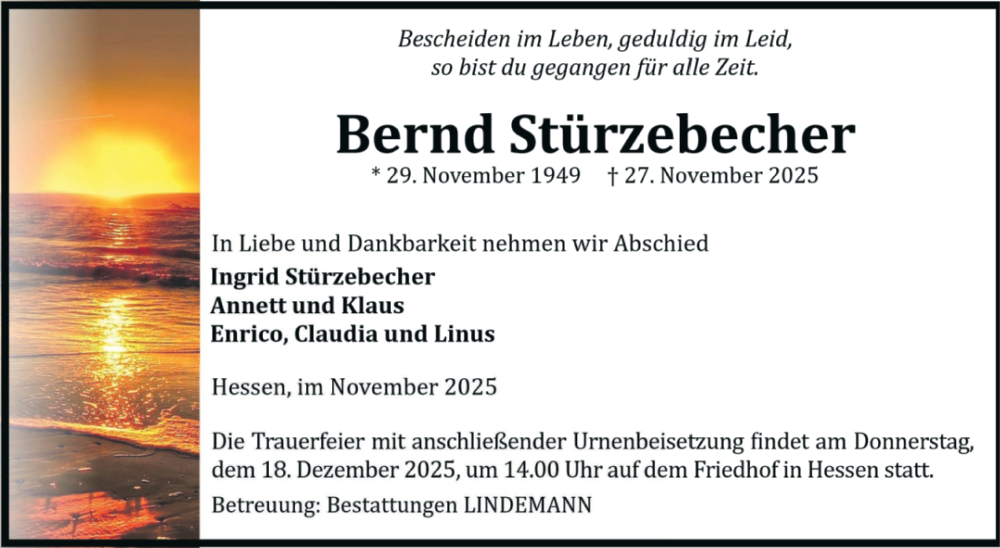  Traueranzeige für Bernd Stürzebecher vom 06.12.2025 aus Volksstimme Halberstadt