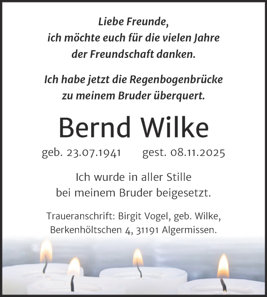 Traueranzeige von Bernd Wilke von Mitteldeutsche Zeitung Halle/Saalkreis
