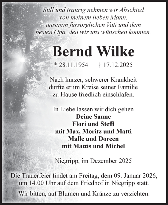 Traueranzeige von Bernd Wilke von Volksstimme Burg/Genthin