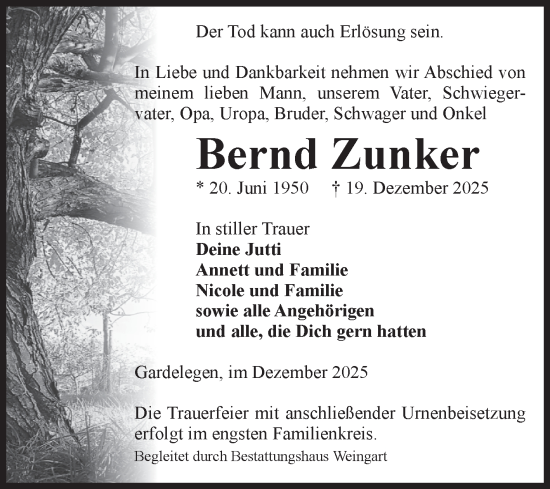 Traueranzeige von Bernd Zunker von Volksstimme Altmark West
