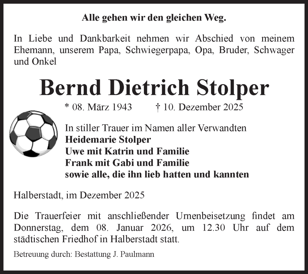  Traueranzeige für Bernd Dietrich Stolper vom 20.12.2025 aus Volksstimme Halberstadt