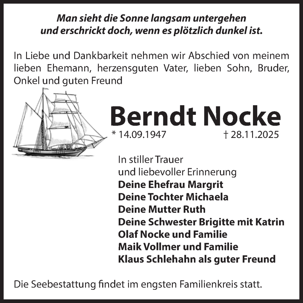  Traueranzeige für Berndt Nocke vom 13.12.2025 aus Volksstimme Magdeburg