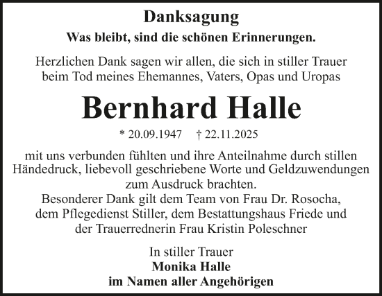 Traueranzeige von Bernhard Halle von Trauerkombi Dessau