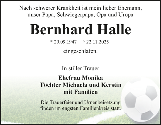 Traueranzeige von Bernhard Halle von Super Sonntag Dessau-Roßlau