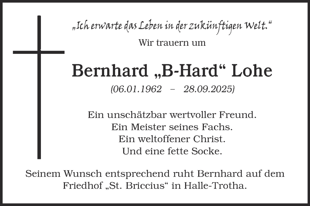  Traueranzeige für Bernhard Lohe vom 06.12.2025 aus Mitteldeutsche Zeitung Aschersleben