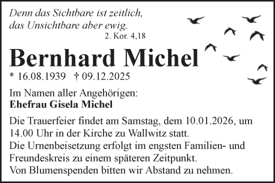 Traueranzeige von Bernhard Michel von Mitteldeutsche Zeitung Halle/Saalkreis