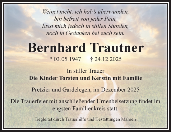 Traueranzeige von Bernhard Trautner von Volksstimme Altmark West