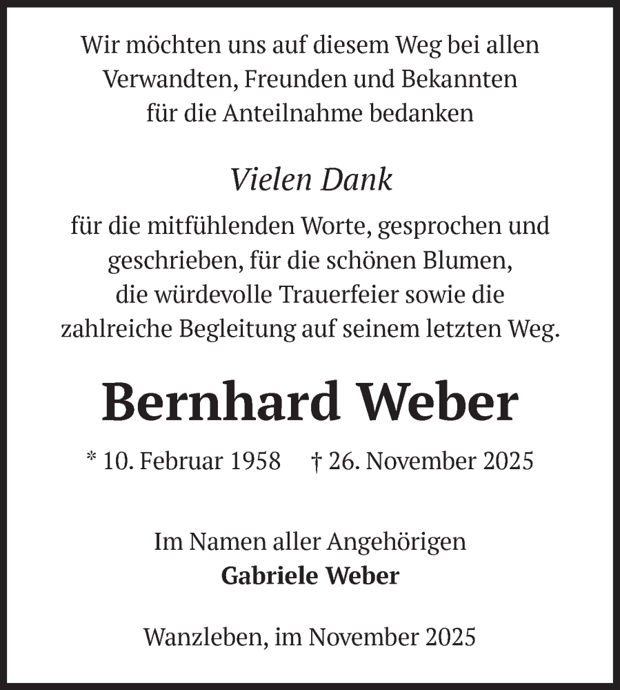  Traueranzeige für Bernhard Weber vom 13.12.2025 aus Volksstimme Oschersleben/Wanzleben