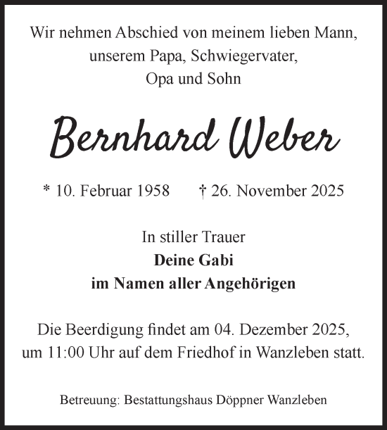 Traueranzeige von Bernhard Weber von Volksstimme Oschersleben/Wanzleben