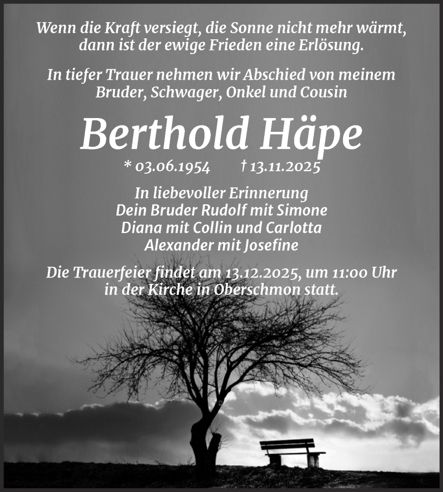 Traueranzeige für Berthold Häpe vom 06.12.2025 aus Trauerkombi Merseburg