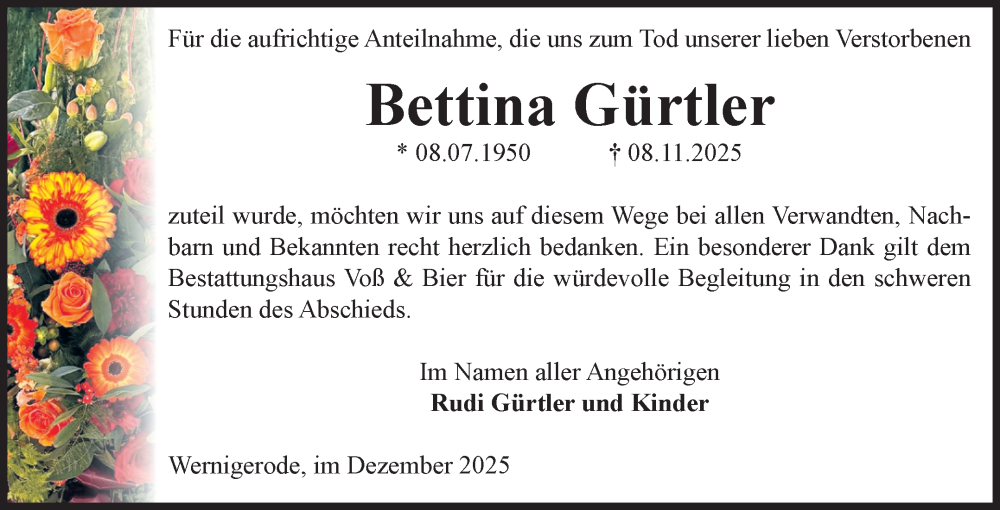  Traueranzeige für Bettina Gürtler vom 20.12.2025 aus Volksstimme Wernigerode