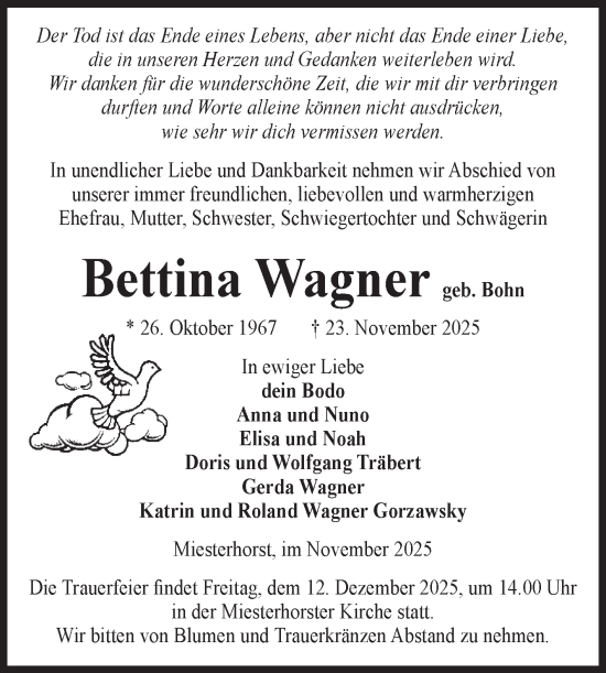 Traueranzeige von Bettina Wagner von Volksstimme Altmark Ost