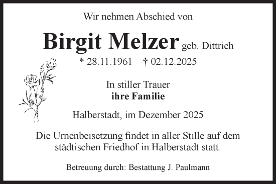 Traueranzeige von Birgit Melzer von Volksstimme Halberstadt