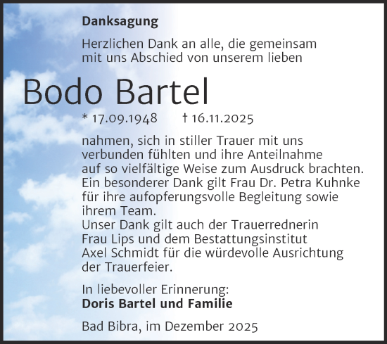 Traueranzeige von Bodo Bartel von Super Sonntag Naumburg/Nebra