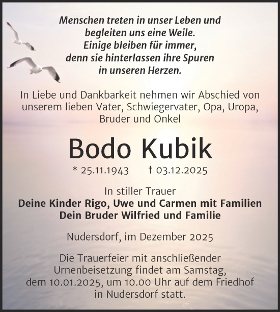 Traueranzeige von Bodo Kubik von Trauerkombi Wittenberg